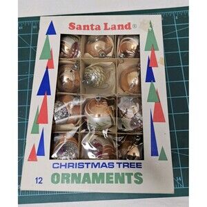 Vintage Santa Land Christmas Ornaments 12 Indent Teardrops & Round Gold with Box